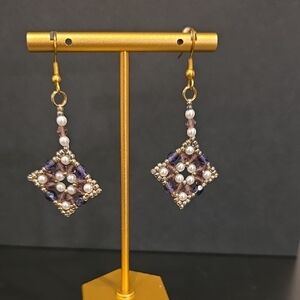 Elegant Purple, Gold, And White Dangle Beaded Earrings